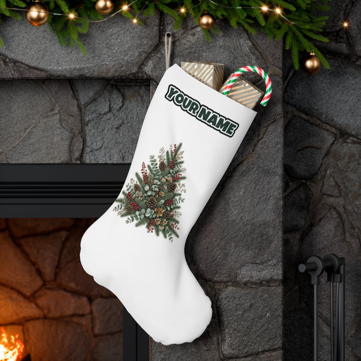 Botanical Evergreen Spray personalised Christmas stocking hanging on a mantel