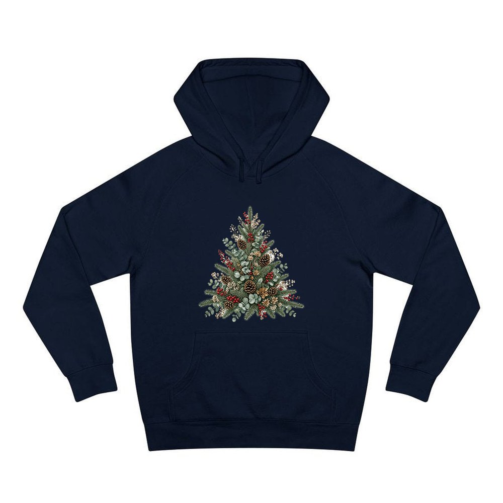 Botanical Evergreen Spray personalised Christmas hoodie in navy