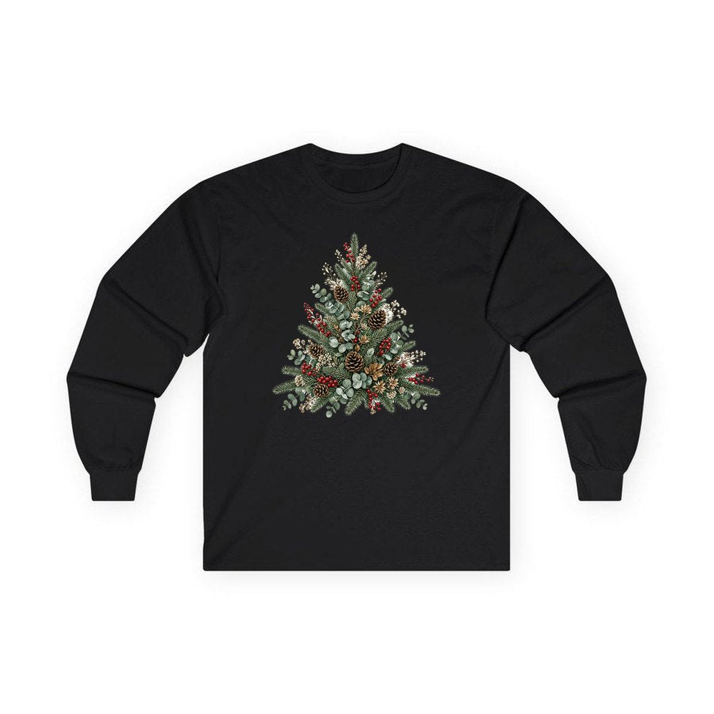Botanical Evergreen Spray personalised long sleeve Christmas T-shirt in black