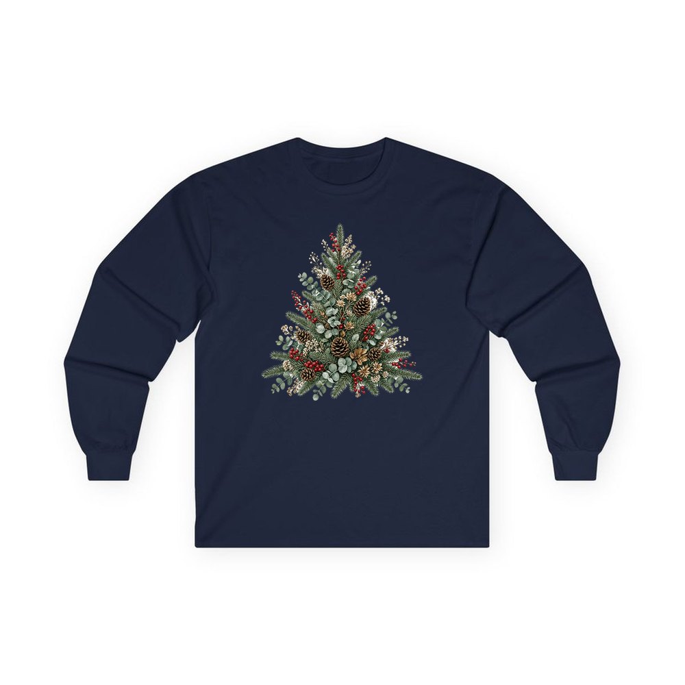 Botanical Evergreen Spray personalised long sleeve Christmas T-shirt in navy