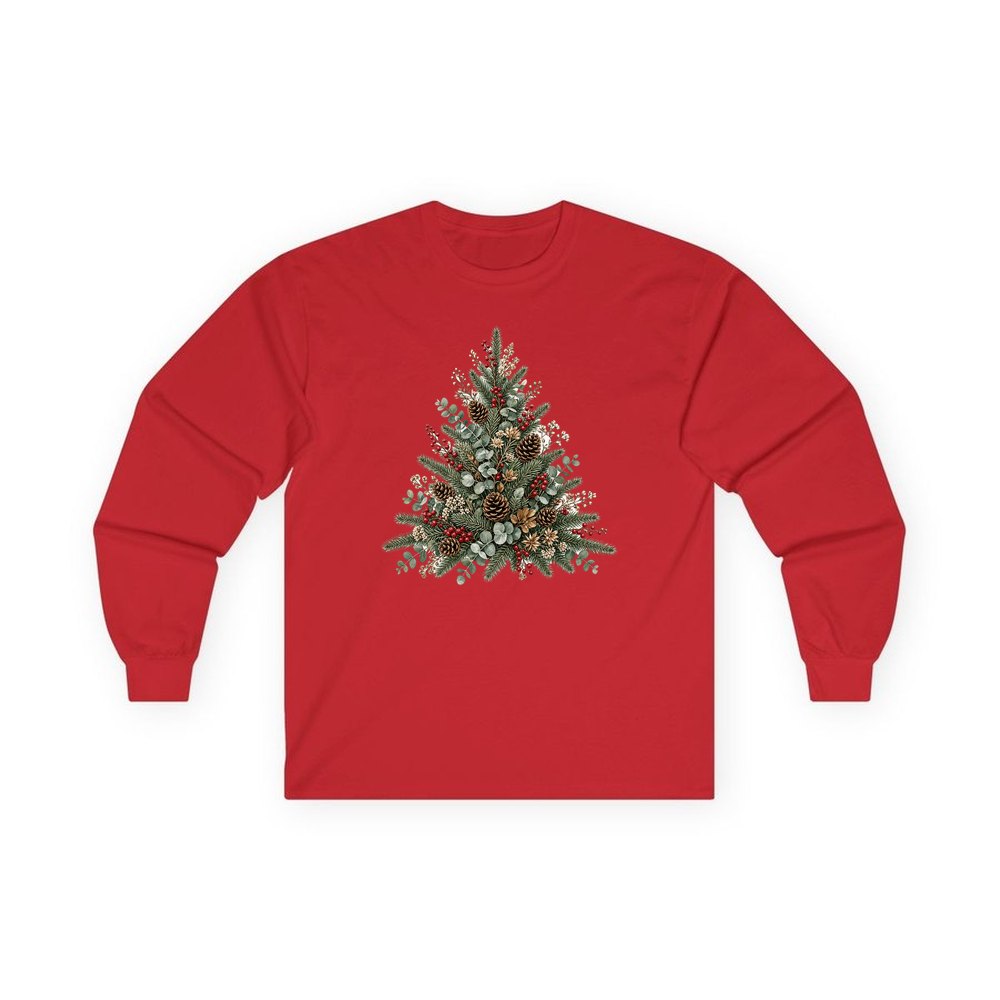 Botanical Evergreen Spray personalised long sleeve Christmas T-shirt in red
