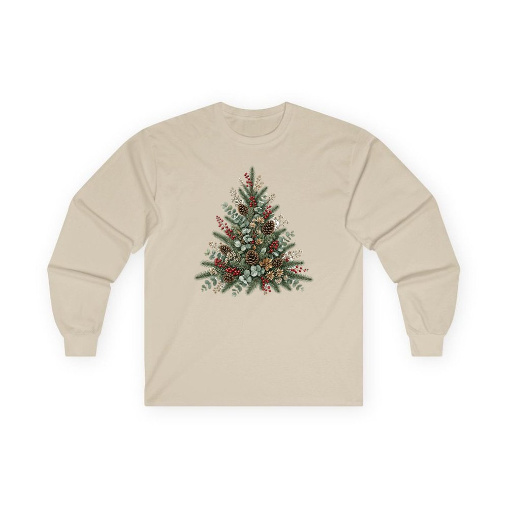 Botanical Evergreen Spray personalised long sleeve Christmas T-shirt in sand