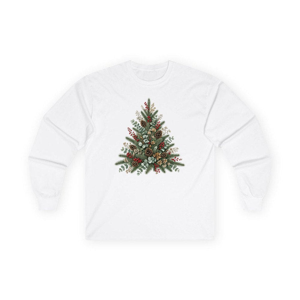 Botanical Evergreen Spray personalised long sleeve Christmas T-shirt in white