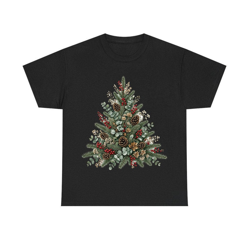 Botanical Evergreen Spray personalised Christmas T-shirt in black