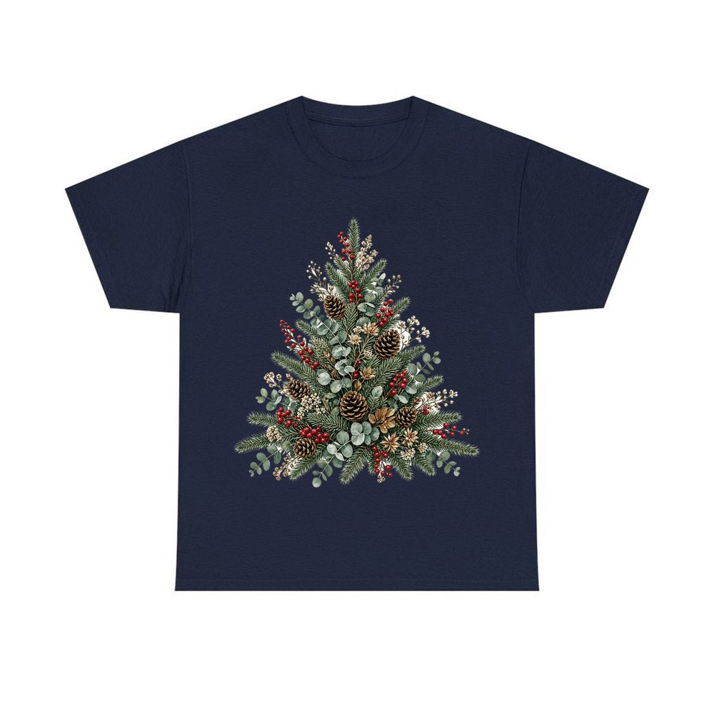 Botanical Evergreen Spray personalised Christmas T-shirt in navy