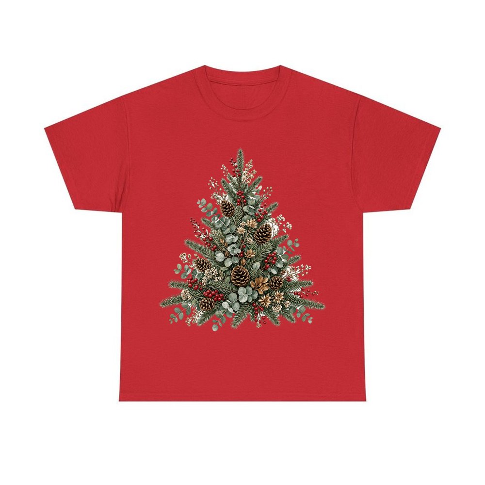 Botanical Evergreen Spray personalised Christmas T-shirt in red