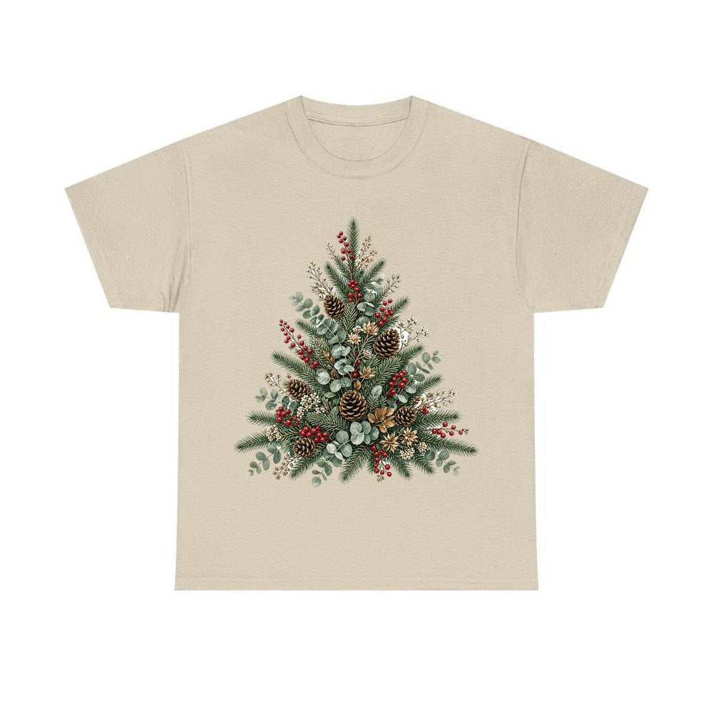 Botanical Evergreen Spray personalised Christmas T-shirt in sand