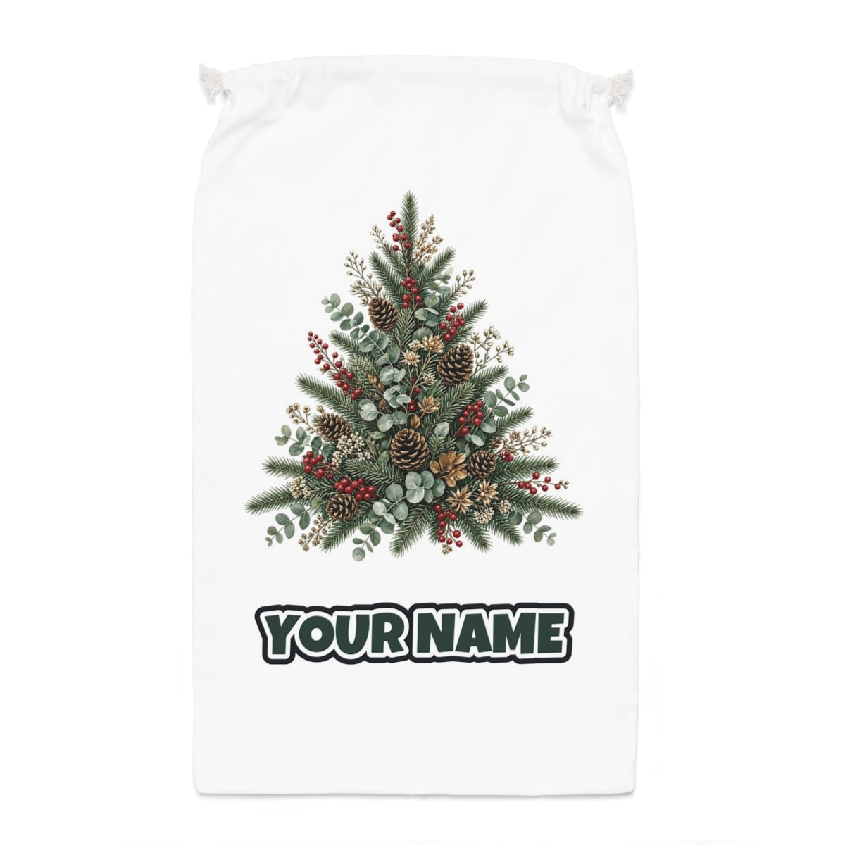 Botanical Evergreen Spray Santa sack laid flat, showing the full print