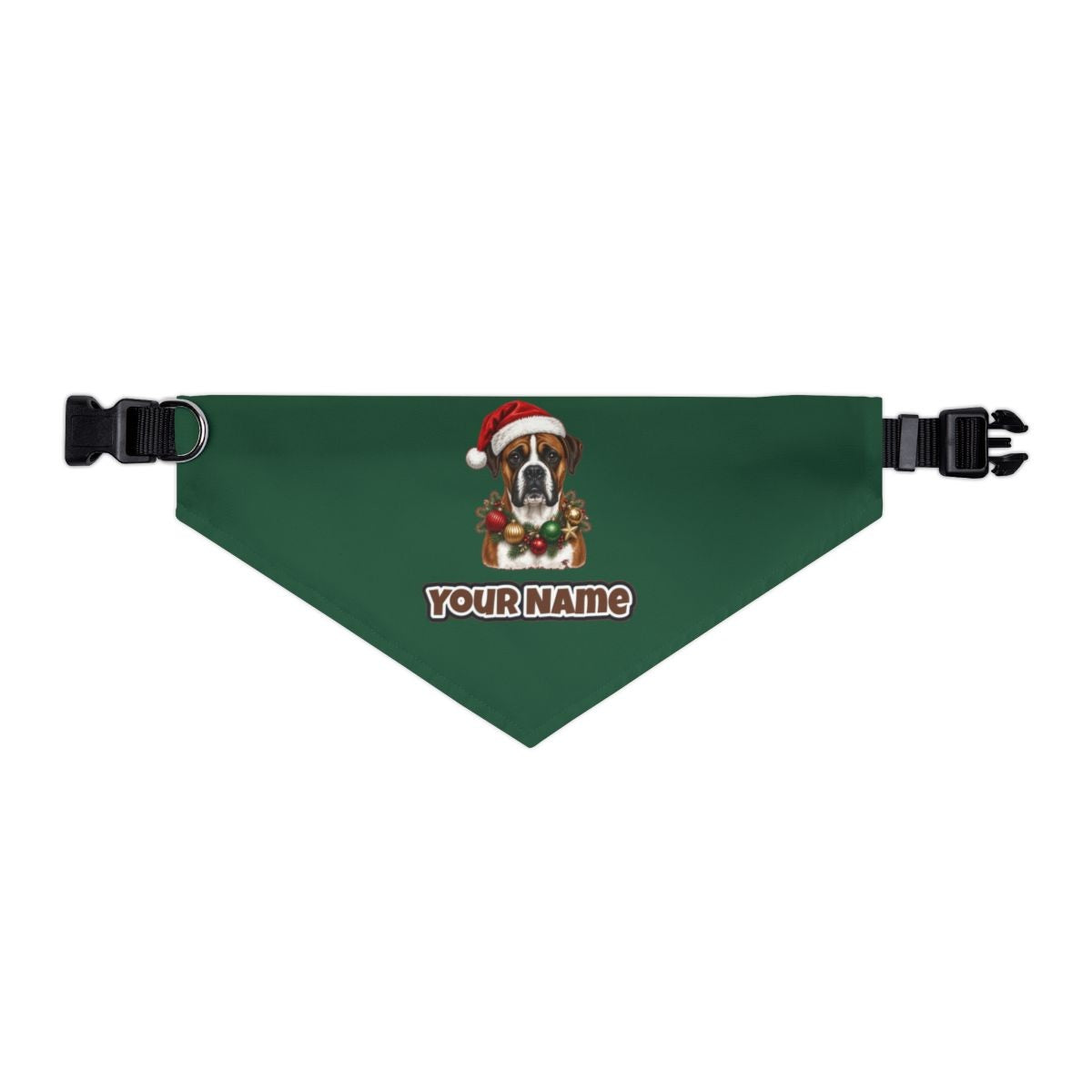 Boxer personalised Christmas pet bandana in green, collar with buckle