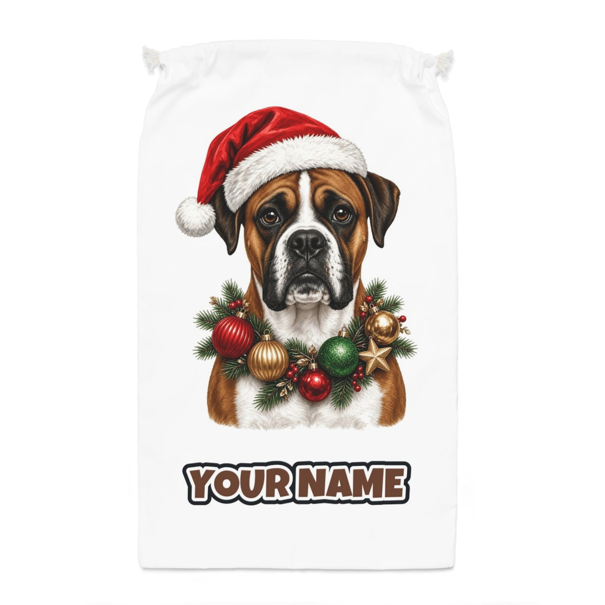 Boxer Santa sack laid flat, showing the full print