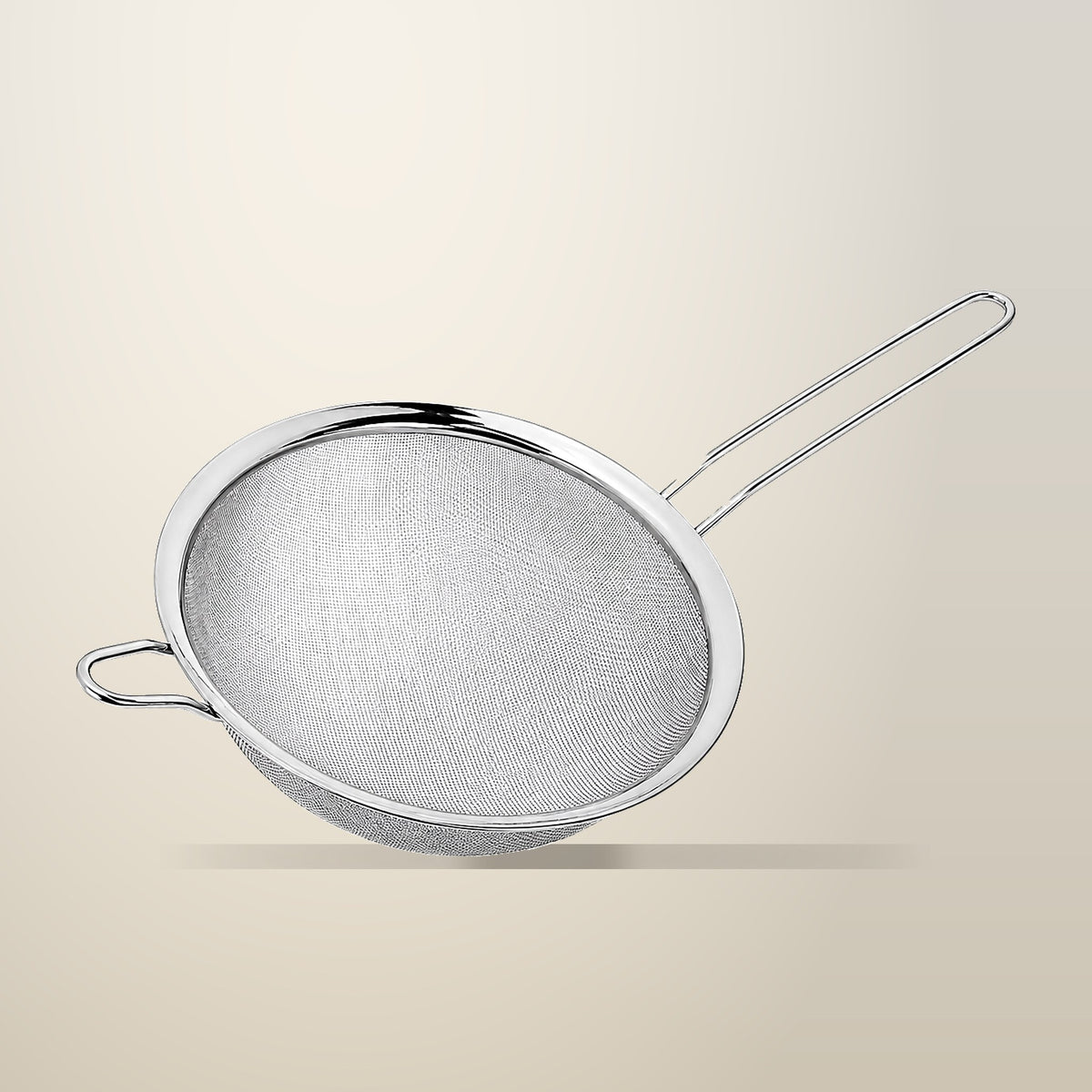 BR Home Stainless Steel Mesh Strainer with Rest Hook, 18 cm, on a plain cream background