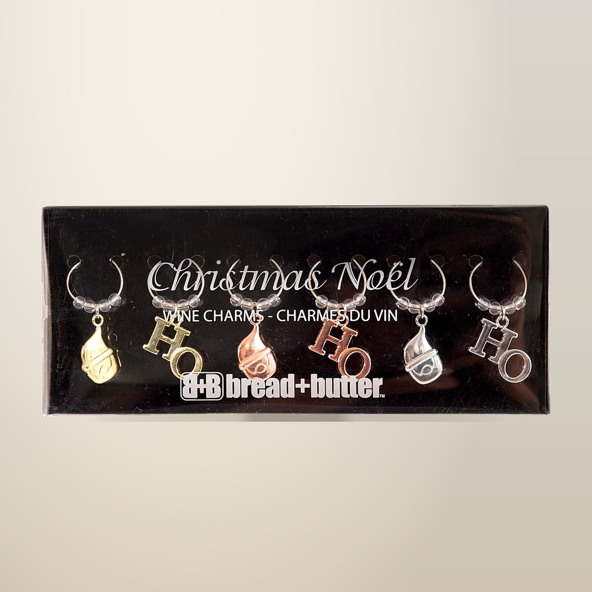 Bread and Butter Santa and Ho Wine Charms, 6 Pack, on a plain cream background