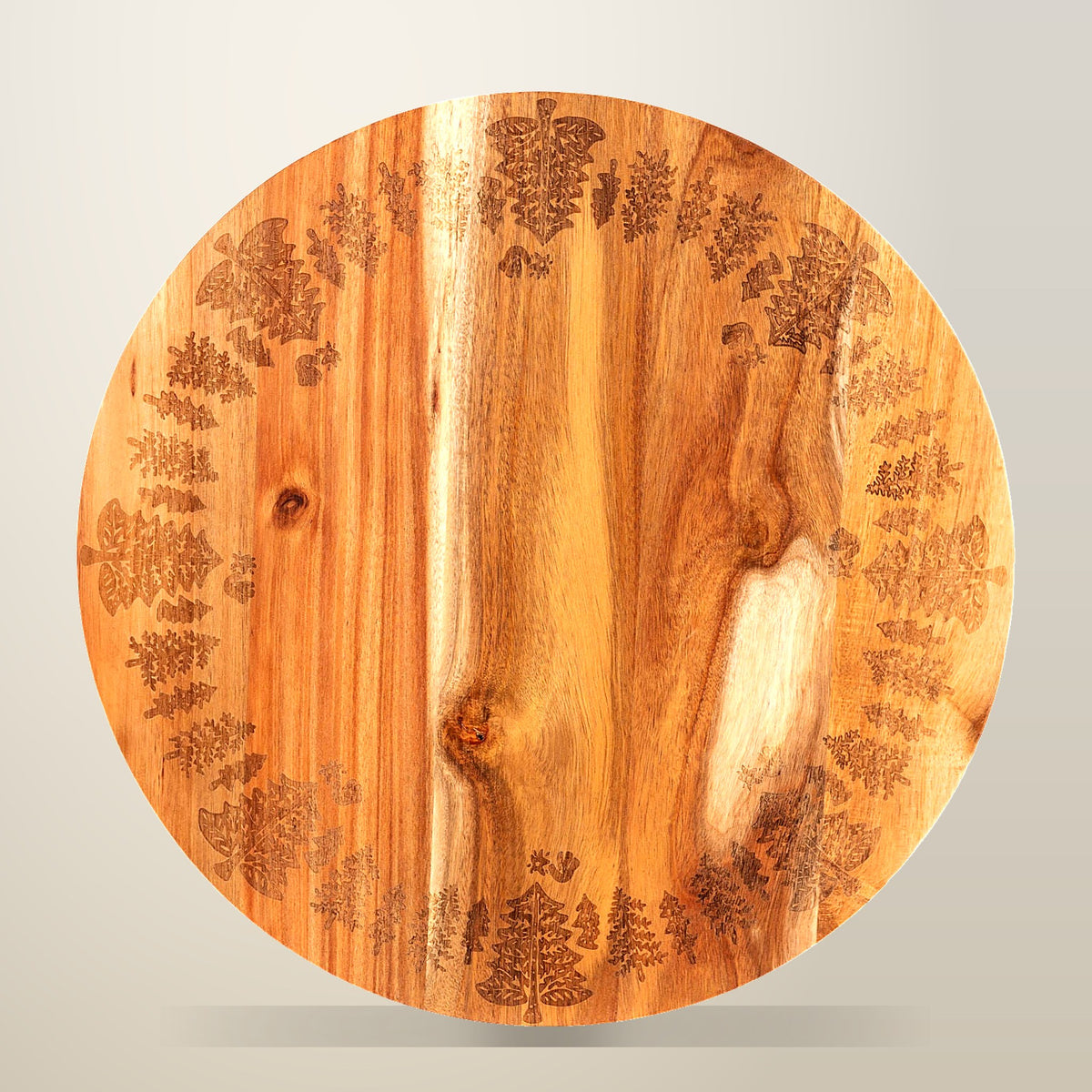 Bread and Butter Acacia Lazy Susan with Tree Pattern, 46 cm, on a plain cream background
