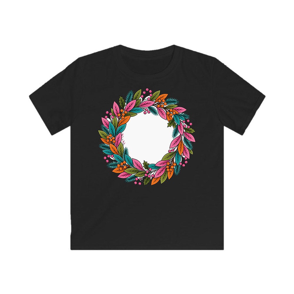 Bright Retro Leaf Wreath personalised kids Christmas tee in black