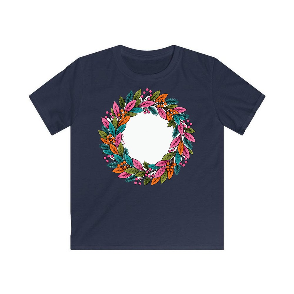 Bright Retro Leaf Wreath personalised kids Christmas tee in navy