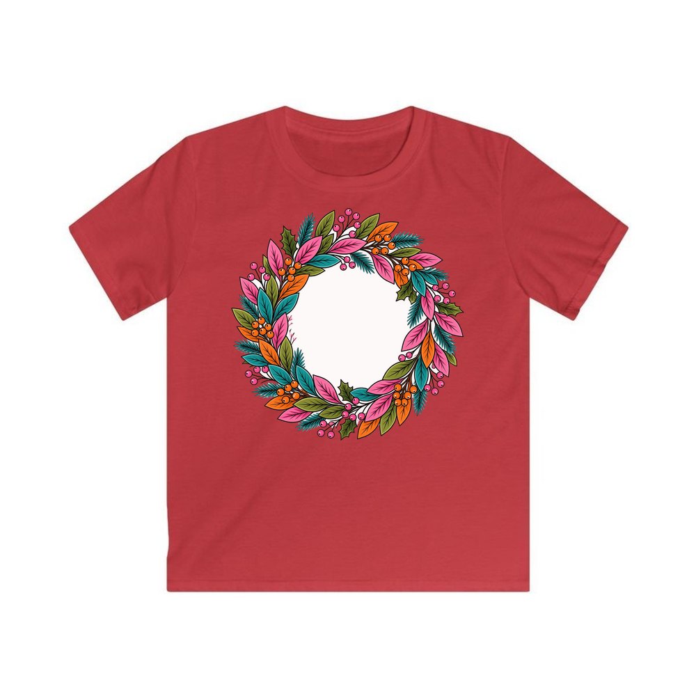 Bright Retro Leaf Wreath personalised kids Christmas tee in red