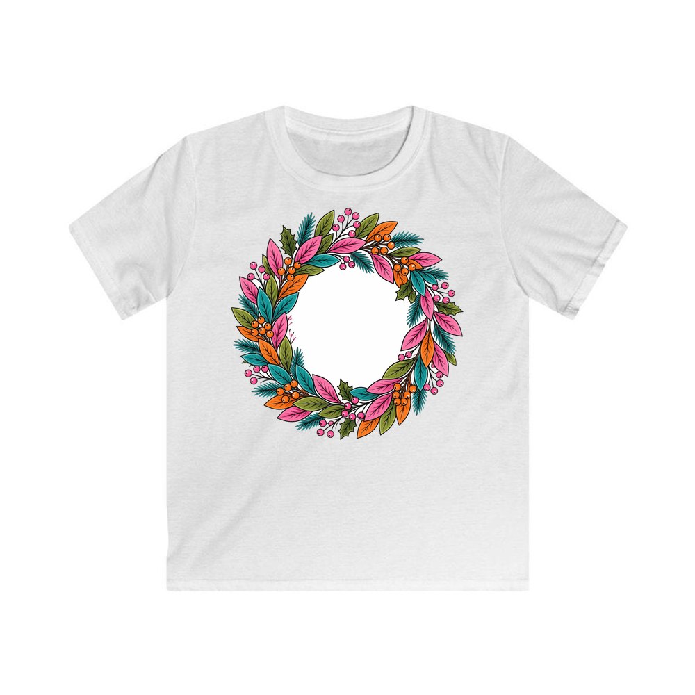 Bright Retro Leaf Wreath personalised kids Christmas tee in white