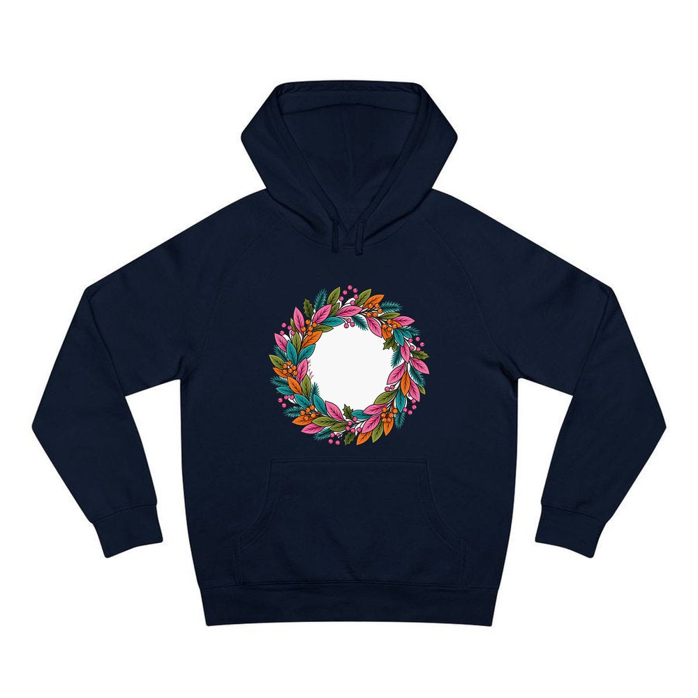 Bright Retro Leaf Wreath personalised Christmas hoodie in navy