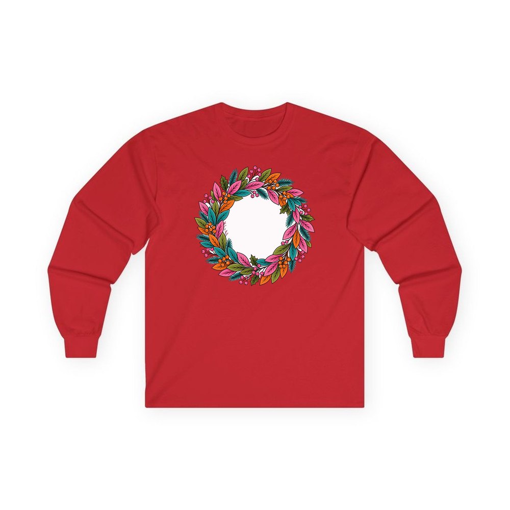 Bright Retro Leaf Wreath personalised long sleeve Christmas T-shirt in red