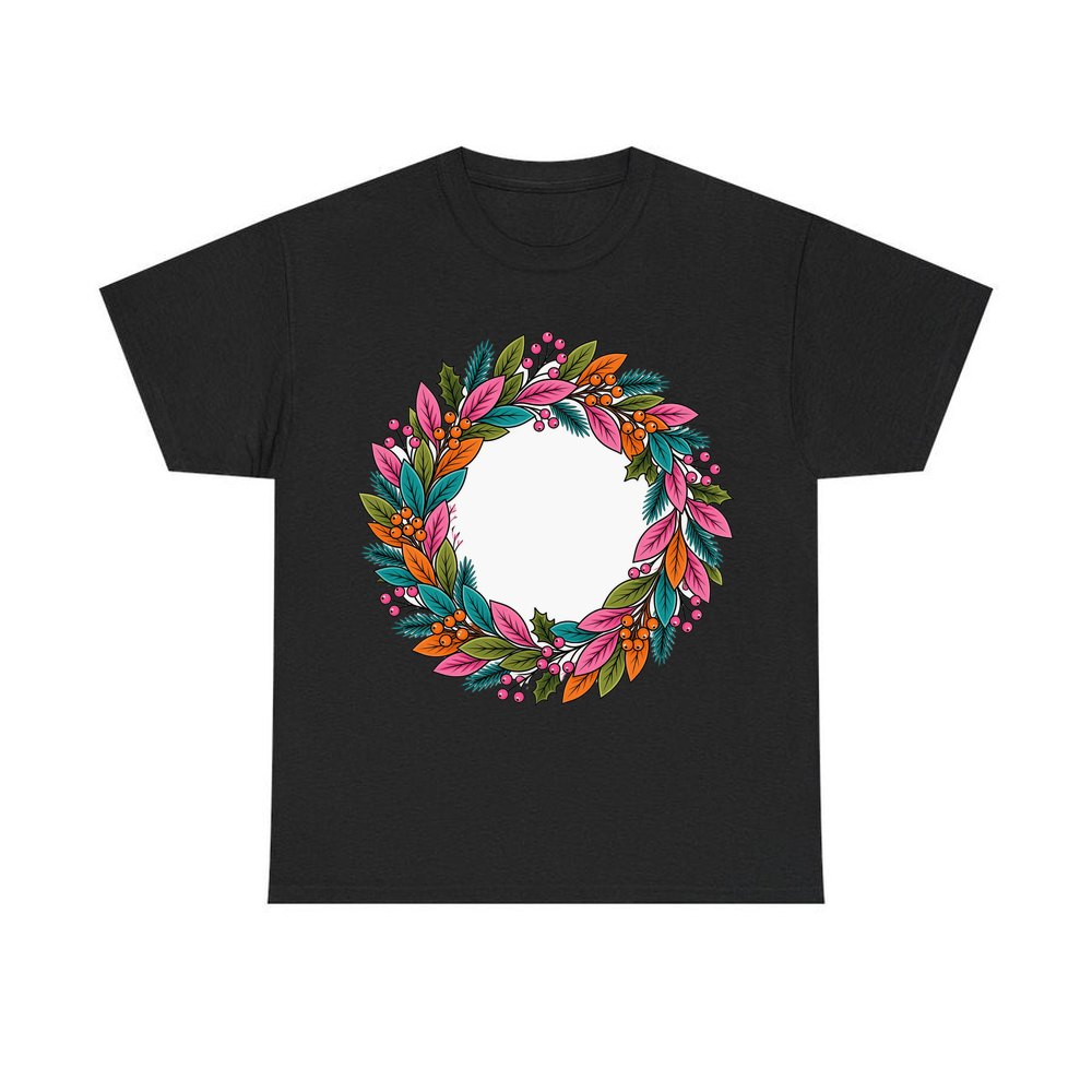 Bright Retro Leaf Wreath personalised Christmas T-shirt in black