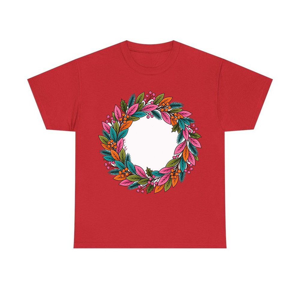 Bright Retro Leaf Wreath personalised Christmas T-shirt in red