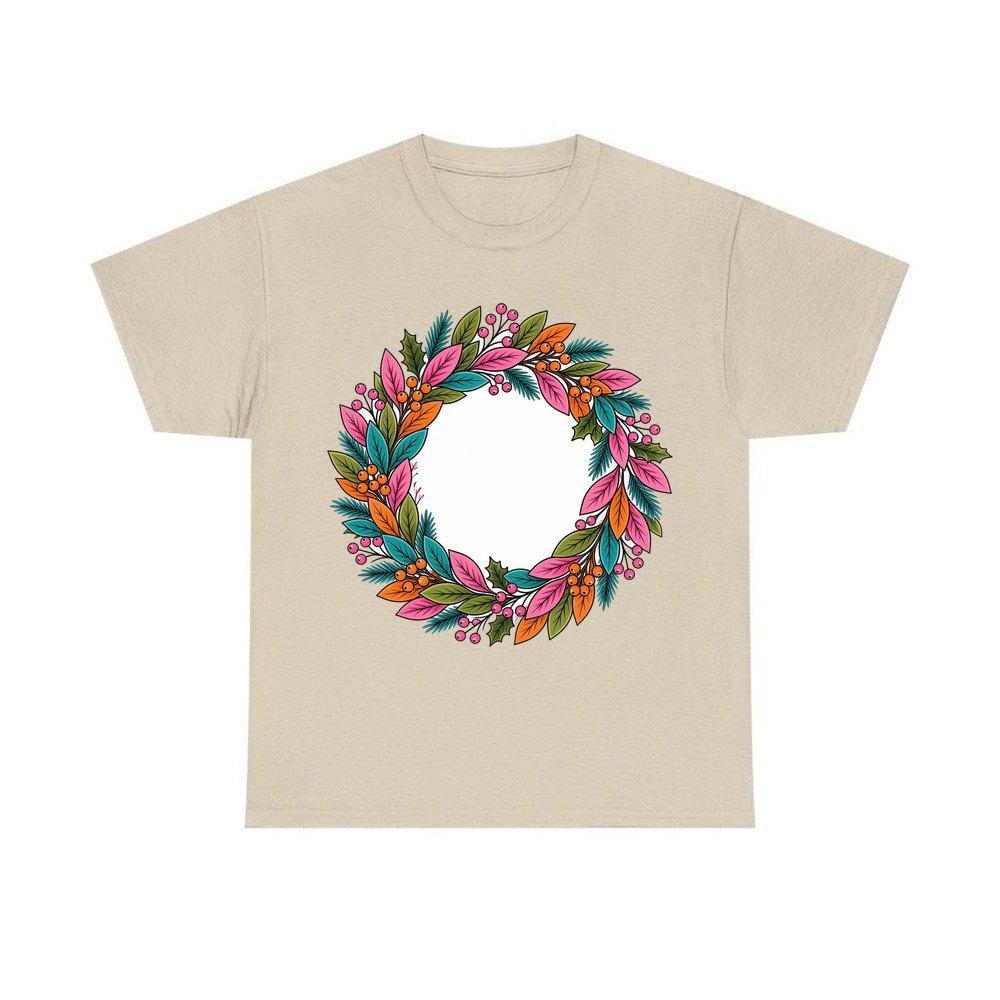Bright Retro Leaf Wreath personalised Christmas T-shirt in sand