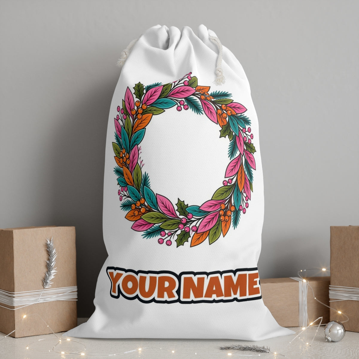Bright Retro Leaf Wreath personalised Santa sack, white, with the name printed under the artwork