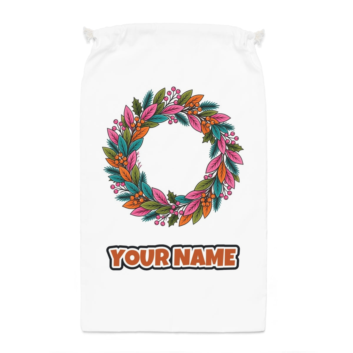 Bright Retro Leaf Wreath Santa sack laid flat, showing the full print