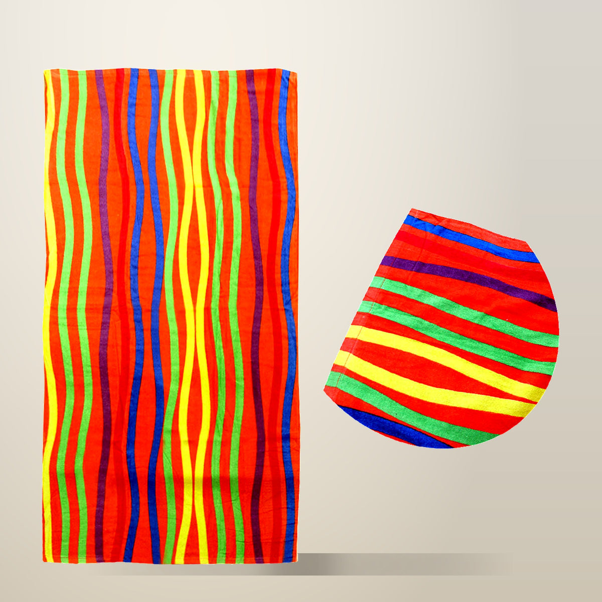 Bright Stripes Cotton Velour Beach Towel, 70 x 140 cm, on a plain cream background