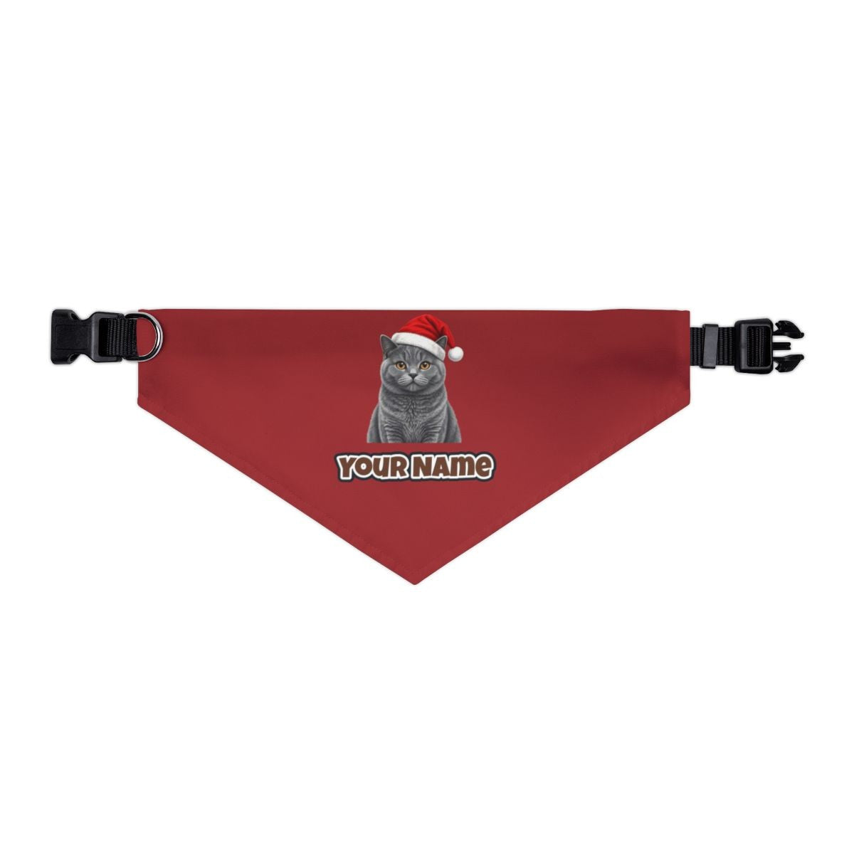 British Shorthair personalised Christmas pet bandana in red, collar with buckle