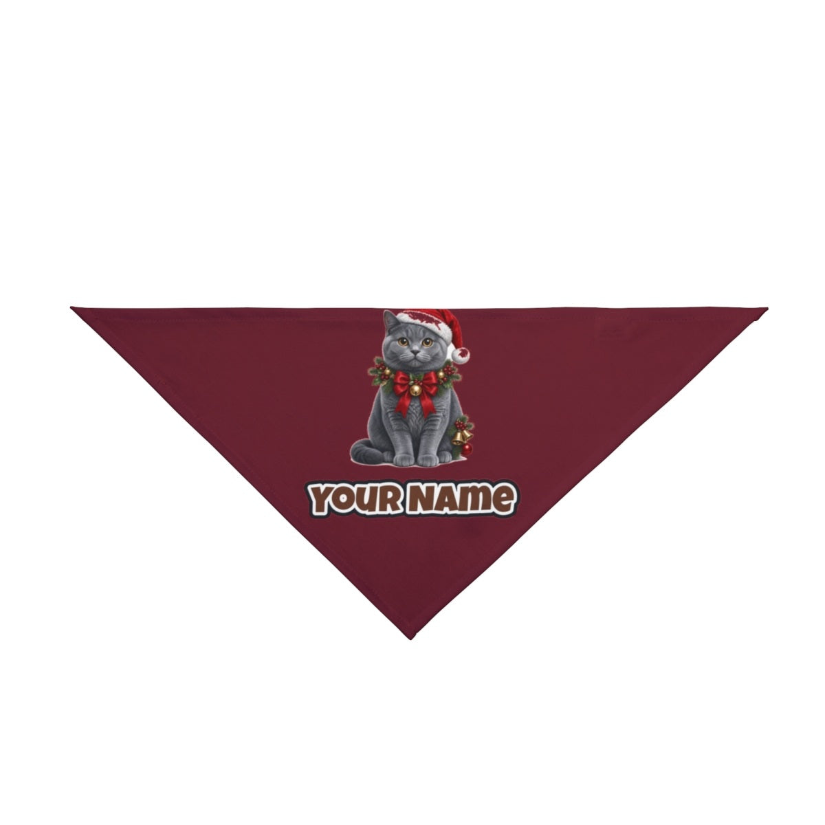 British Shorthair with Holly personalised Christmas pet bandana in maroon, tie-on style