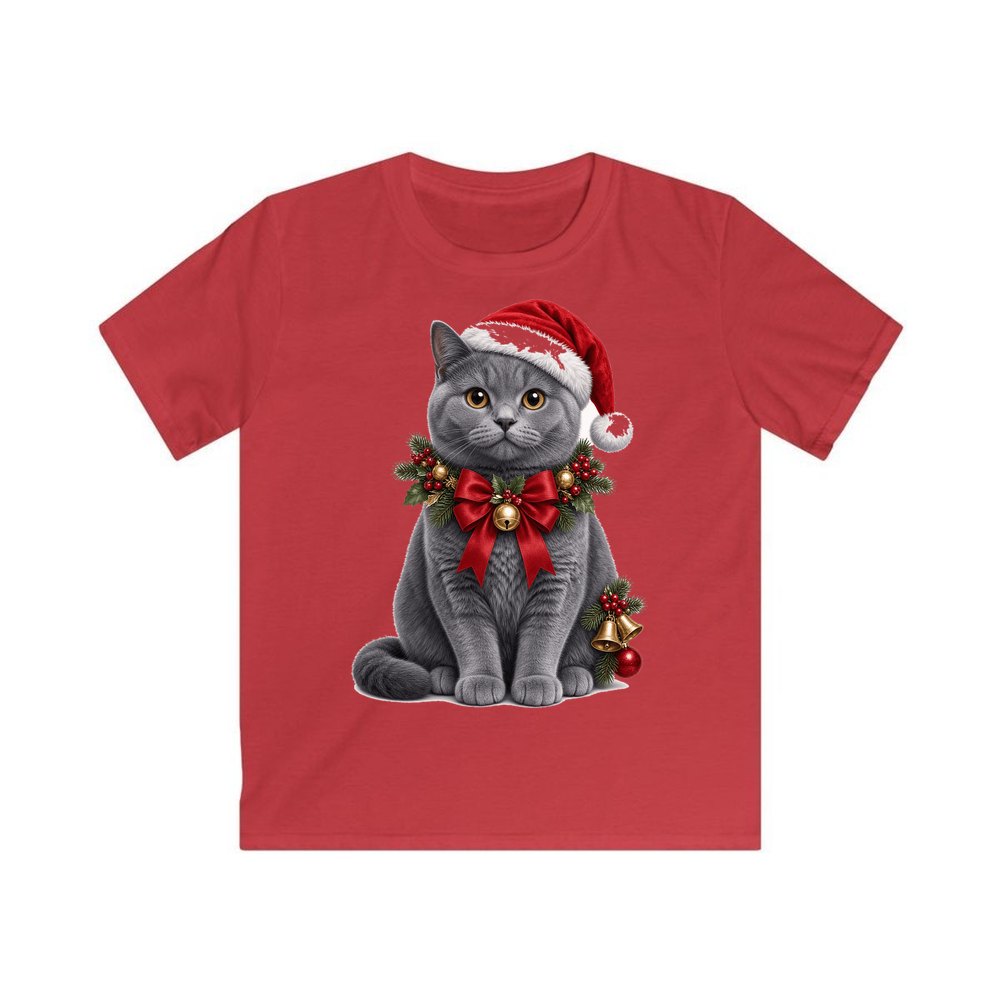 British Shorthair with Holly personalised kids Christmas tee in red