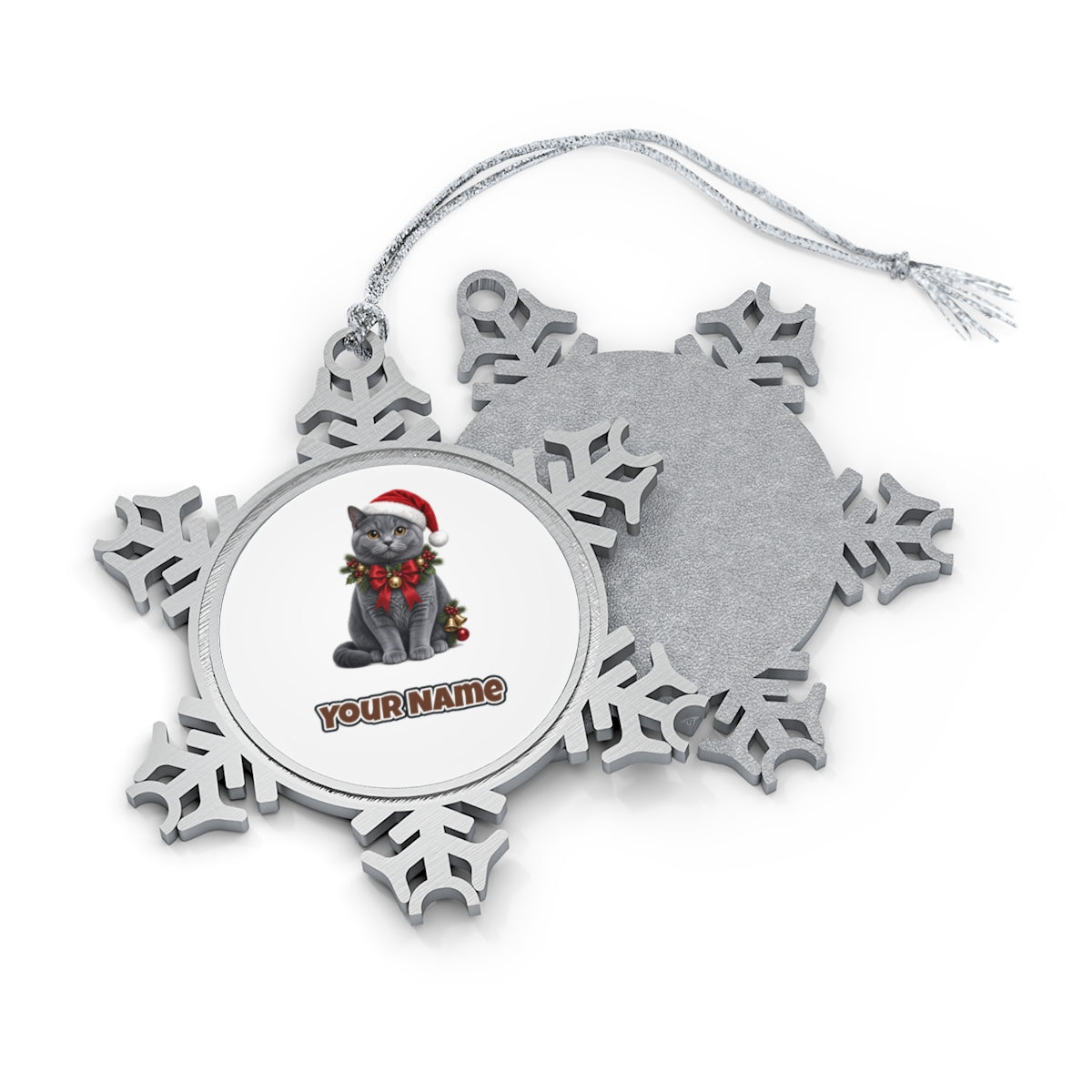 British Shorthair with Holly Personalised Pewter Christmas Ornament