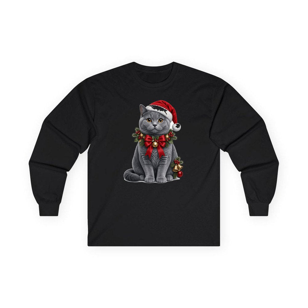 British Shorthair with Holly personalised long sleeve Christmas T-shirt in black