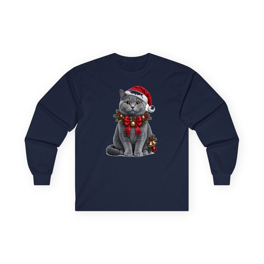British Shorthair with Holly personalised long sleeve Christmas T-shirt in navy