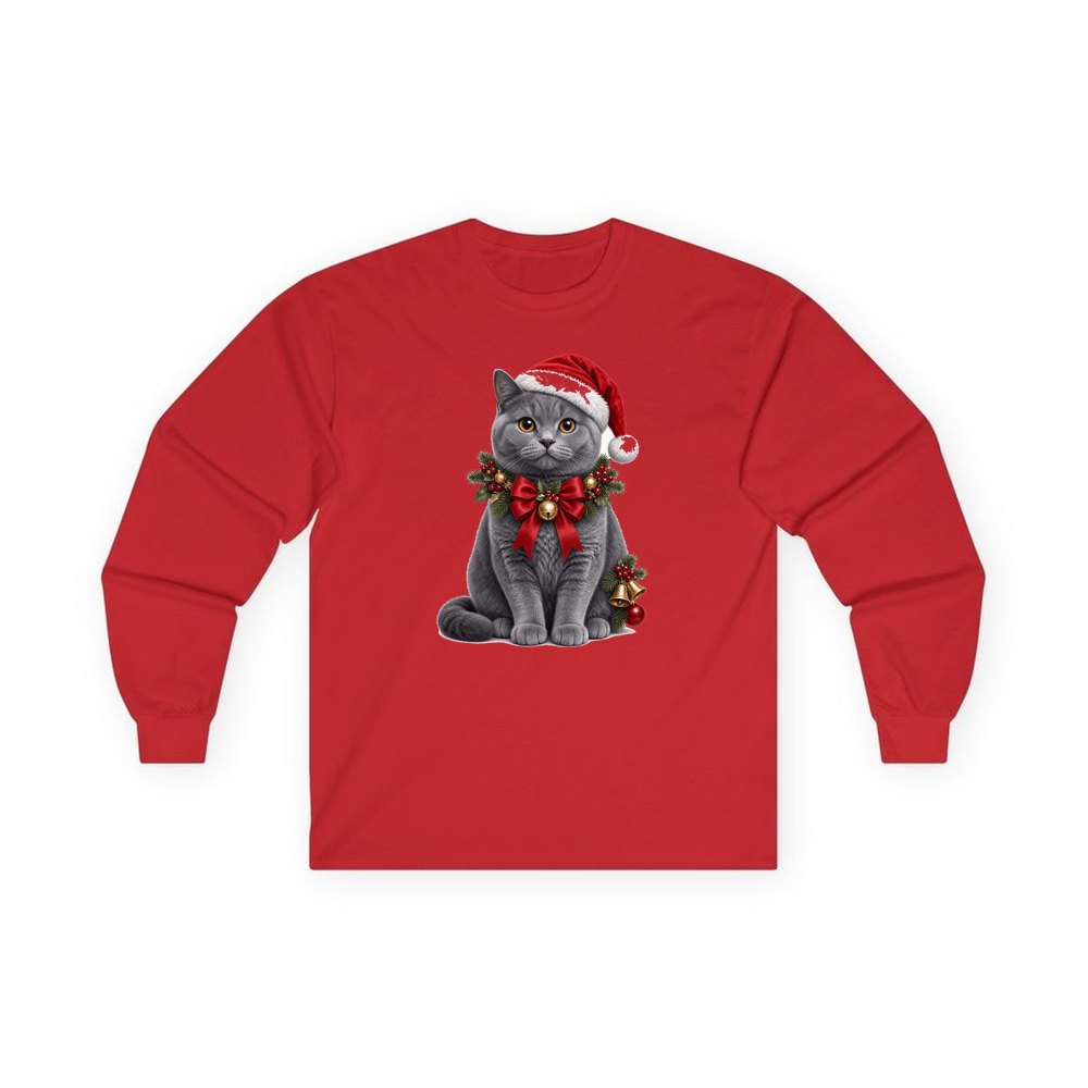 British Shorthair with Holly personalised long sleeve Christmas T-shirt in red