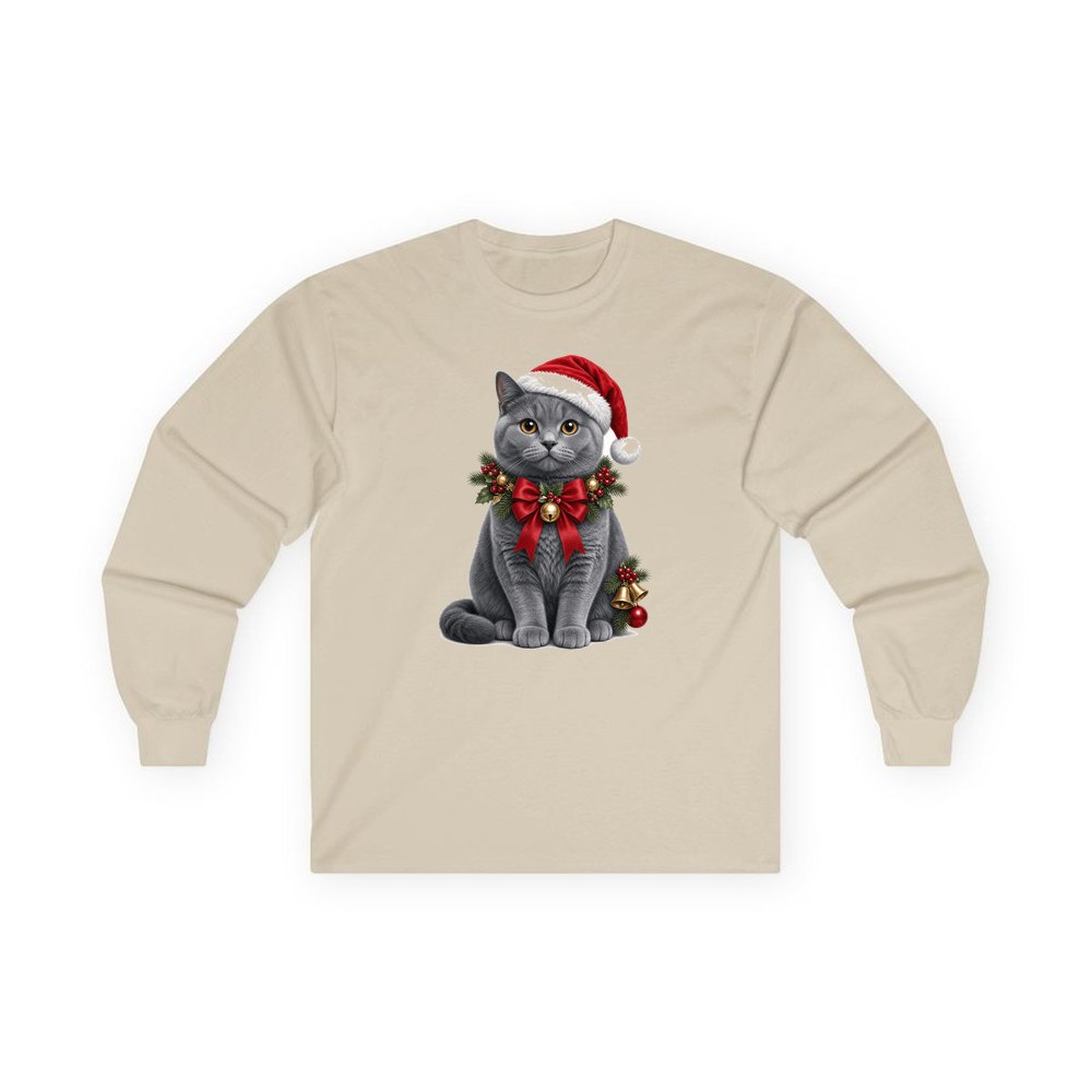 British Shorthair with Holly personalised long sleeve Christmas T-shirt in sand