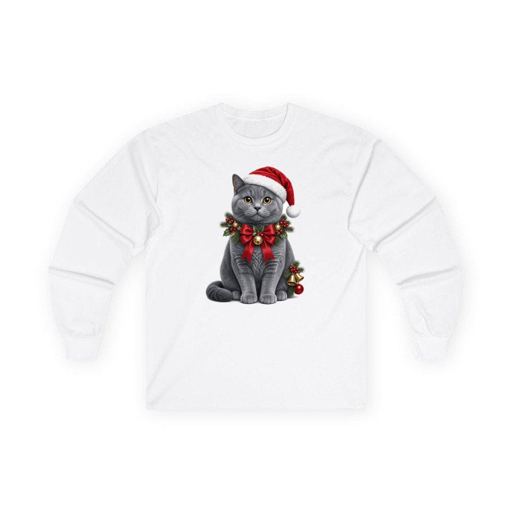 British Shorthair with Holly personalised long sleeve Christmas T-shirt in white