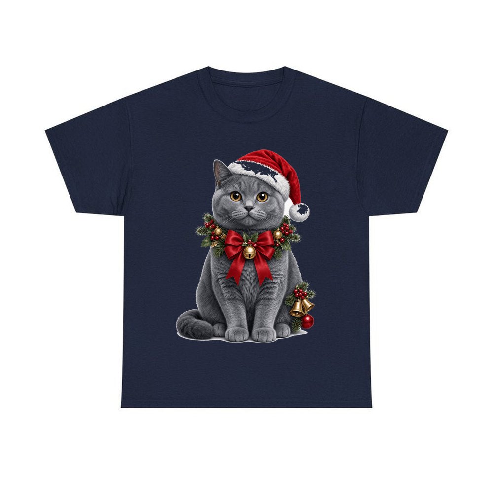 British Shorthair with Holly personalised Christmas T-shirt in navy
