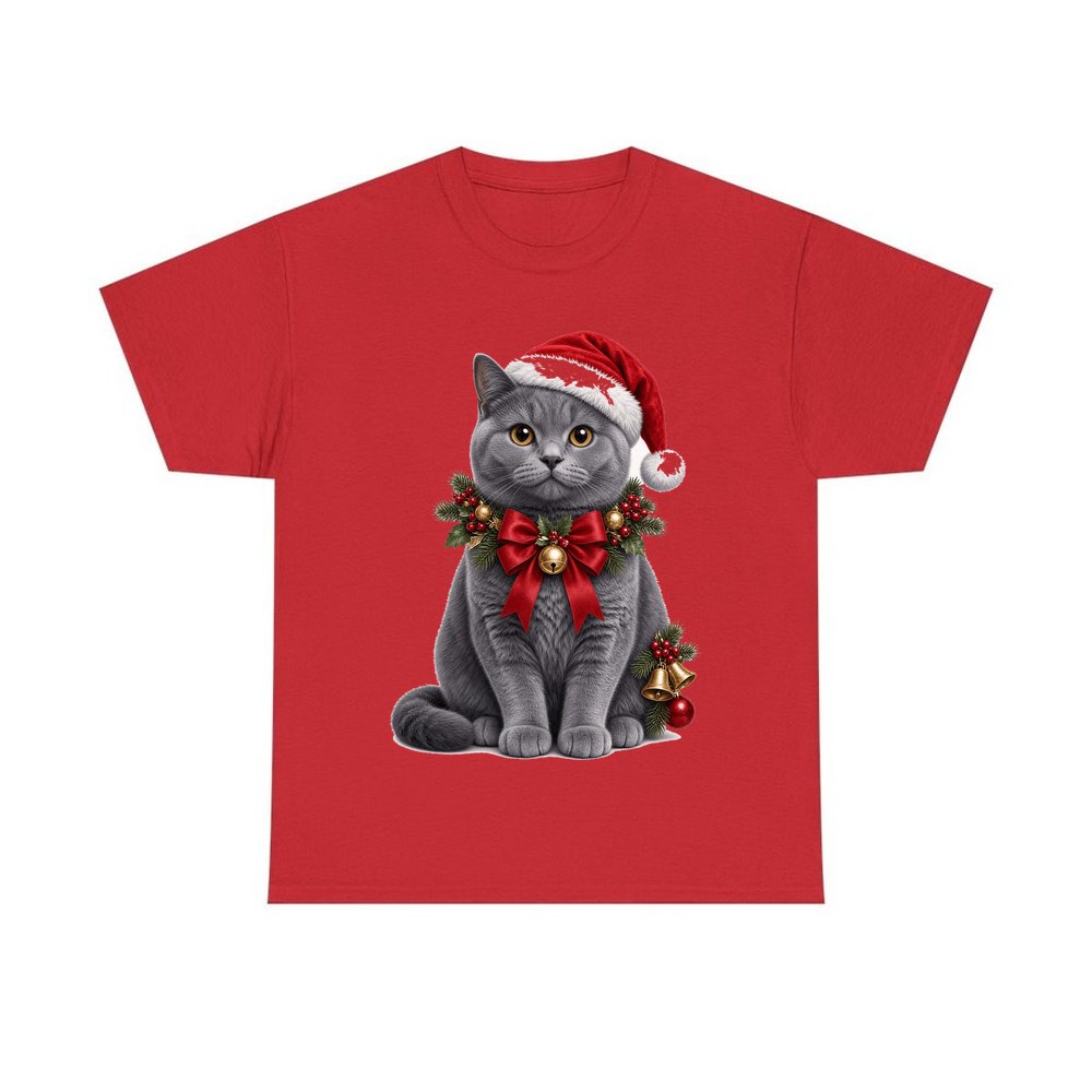British Shorthair with Holly personalised Christmas T-shirt in red