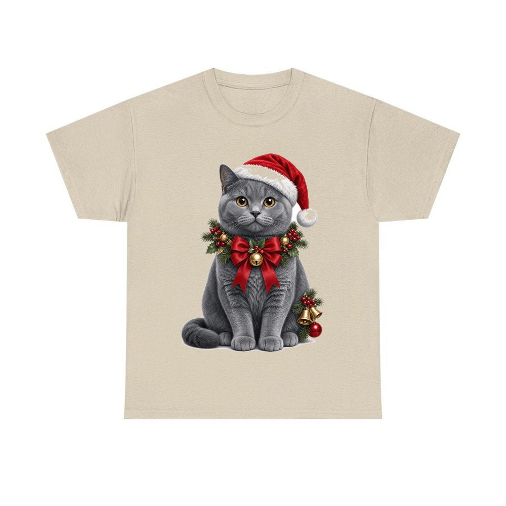 British Shorthair with Holly personalised Christmas T-shirt in sand