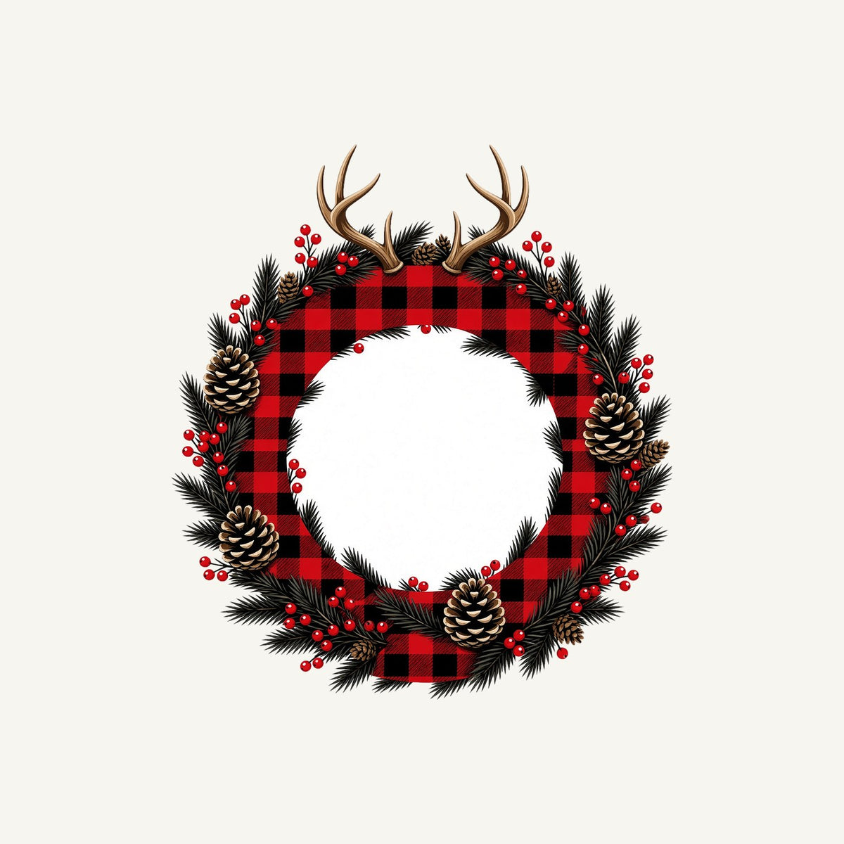 Buffalo Plaid Antler Wreath Personalised Kids Tee and Baby Bodysuit