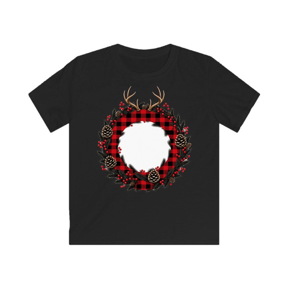 Buffalo Plaid Antler Wreath personalised kids Christmas tee in black