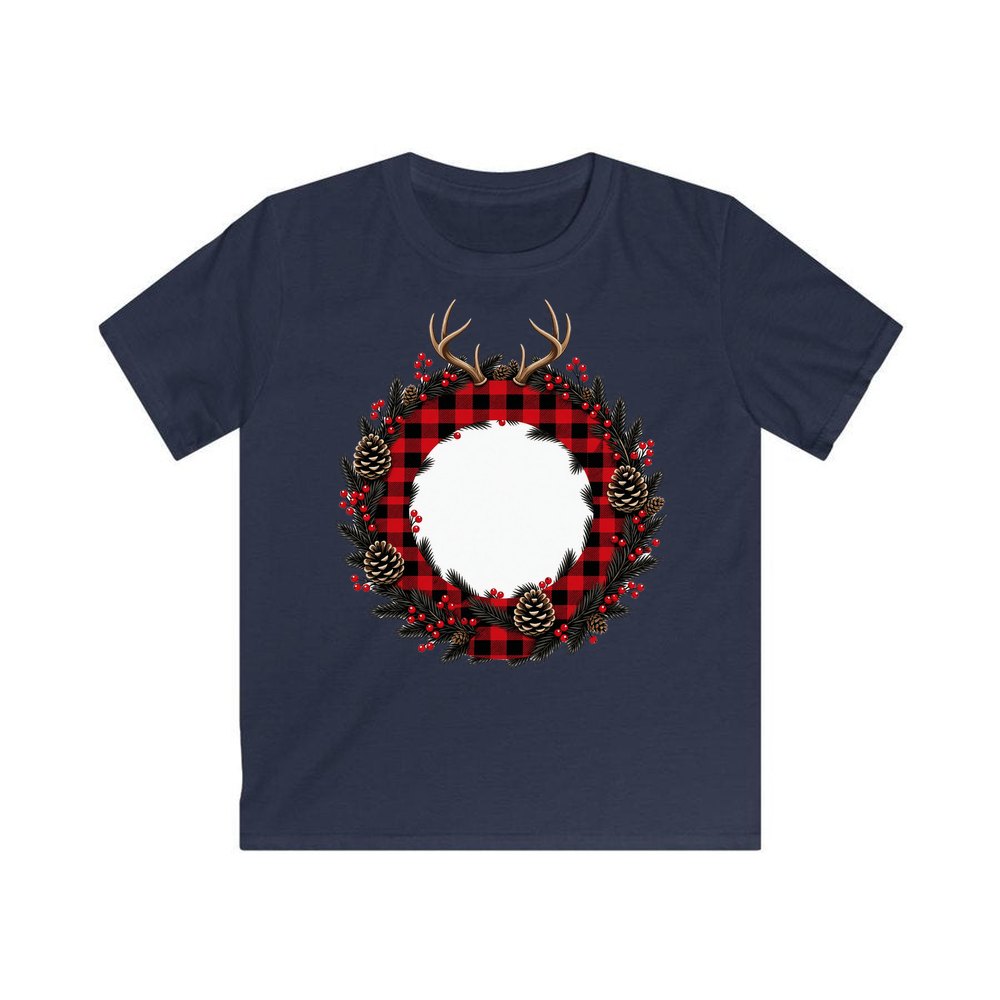 Buffalo Plaid Antler Wreath personalised kids Christmas tee in navy