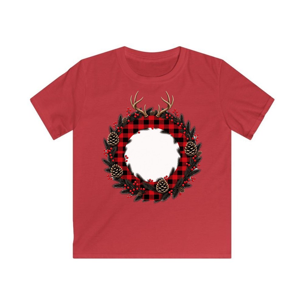 Buffalo Plaid Antler Wreath personalised kids Christmas tee in red
