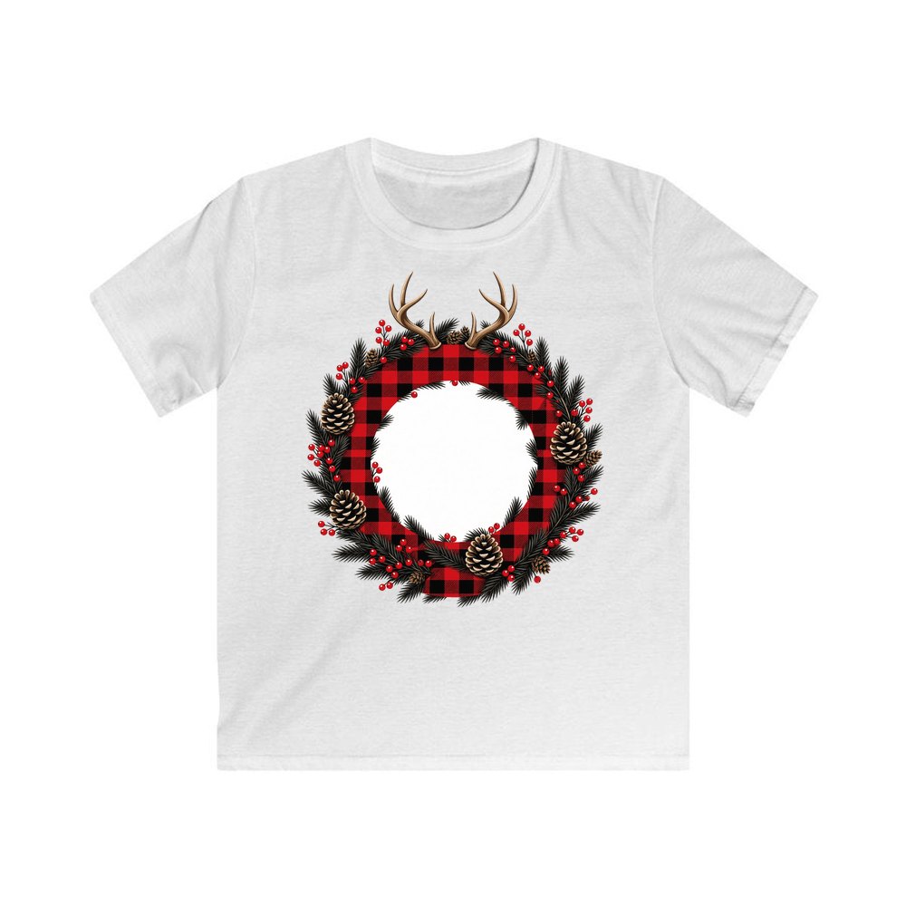 Buffalo Plaid Antler Wreath personalised kids Christmas tee in white