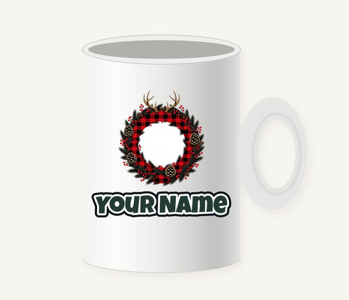 Buffalo Plaid Antler Wreath Personalised Christmas Mug