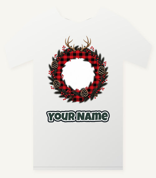 Buffalo Plaid Antler Wreath Personalised Christmas T-Shirt and Hoodie