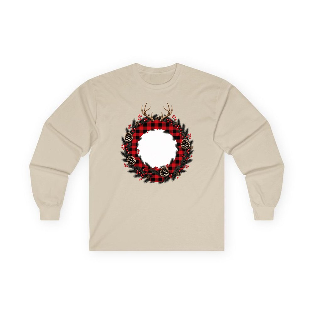 Buffalo Plaid Antler Wreath personalised long sleeve Christmas T-shirt in sand