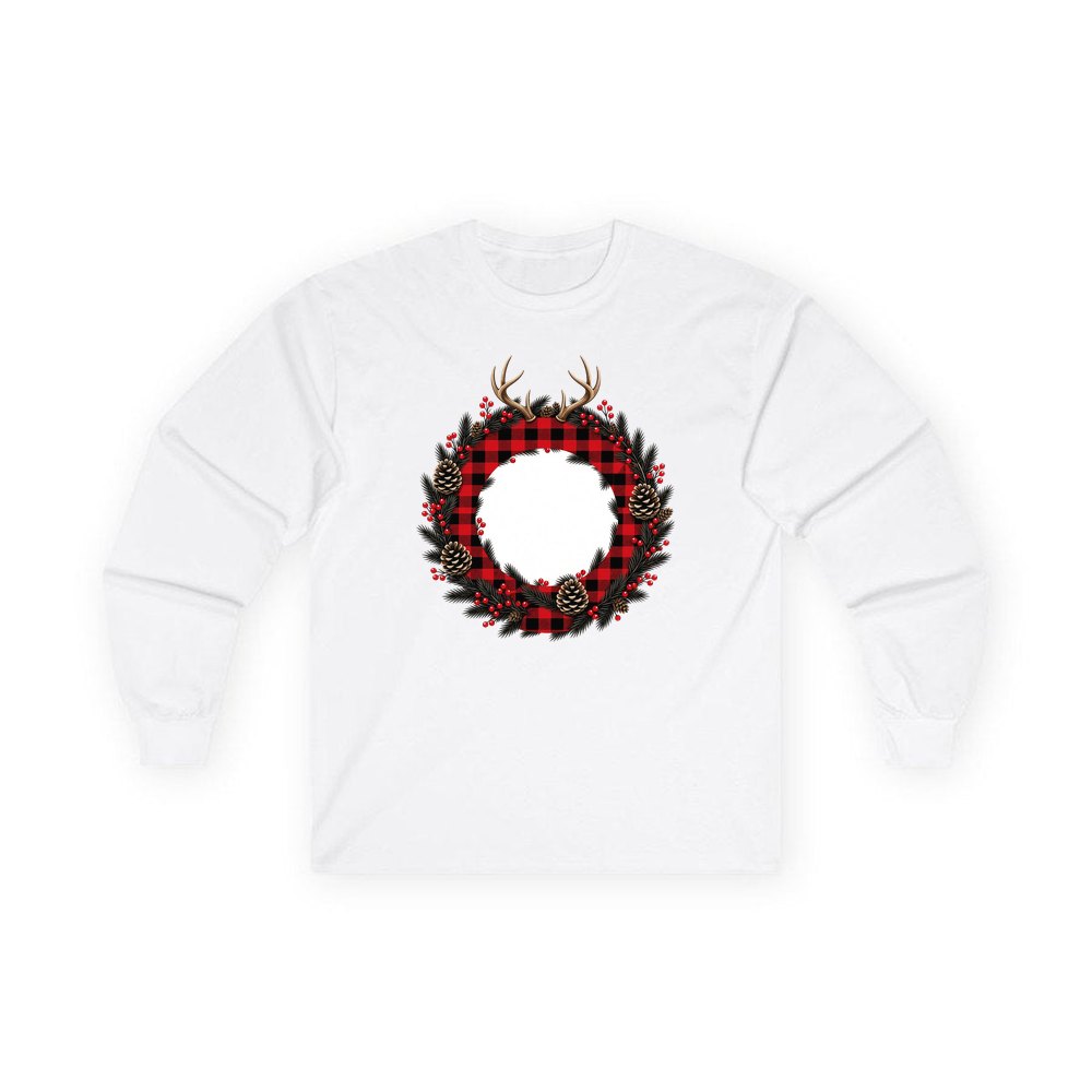 Buffalo Plaid Antler Wreath personalised long sleeve Christmas T-shirt in white